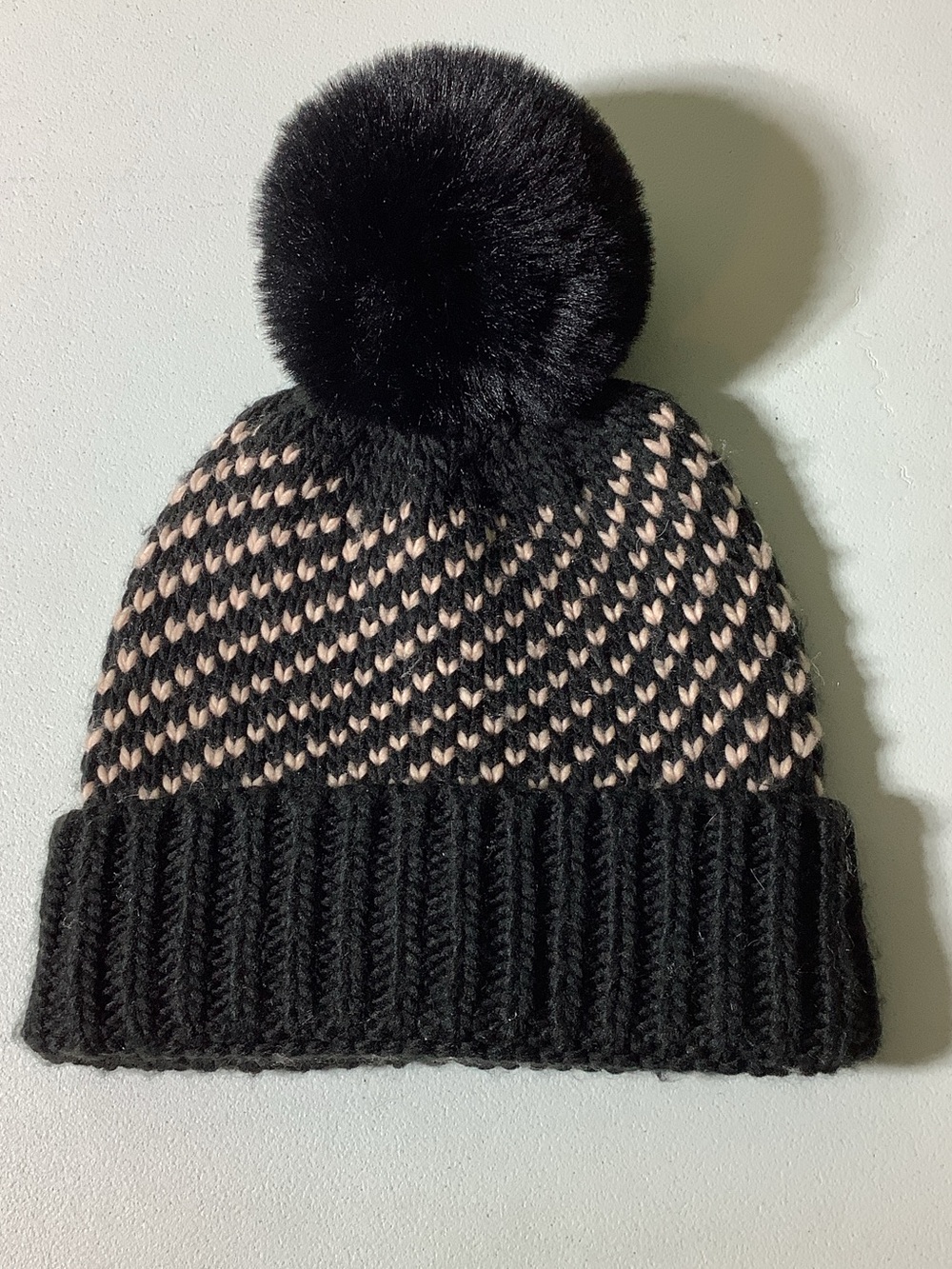 Nine West black beanie with pale pink heart accents